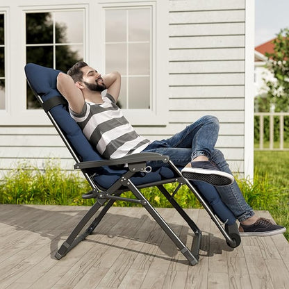 UDPATIO Oversized Zero Gravity Chair 29In XL Patio Reclining Chair with Cushion, Outdoor Folding Adjustable Recliner with Cup Holder, Foot Rest & Padded Headrest, Support 500LB, Navy