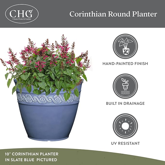 Classic Home and Garden Corinthian Resin Planter Pot - Outdoor & Indoor Plant Pot - Round Planter for Plants & Flowers (13" Ivory Ash, Pack of 1)