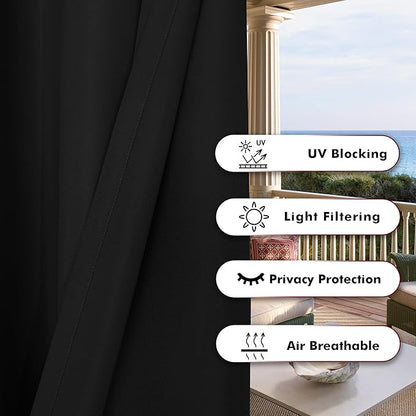 BONZER Outdoor Curtains for Patio Waterproof Thick Privacy Extra Wide Grommet Light Filtering Outside Curtains for Porch Pergola Gazebo Deck, 1 Panel, 150W x 84L inch, Black