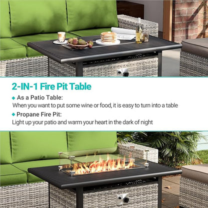7-Piece Outdoor Patio Furniture Set with 55,000 BTU Fire Pit Table, PE Wicker Rattan Sectional Sofa Patio Conversation Set with Thickened Cushions & Coffee Table, Avocado Green
