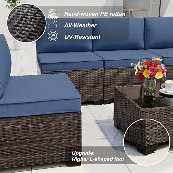 ALAULM Patio Furniture Set with 2 Swivel Chairs, Outdoor Sectional with 55000 BTU Fire Pit Table and Wide Seat, 11 Pieces Wicker Rattan Conversation Set with Coffee Table for Garden, Deck, NavyBlue