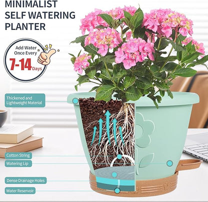 Plastic Plant Pots 10 Inch Set of 4, Self Watering Pots with Drainage Holes, Saucer & Reservoir, Flower Pots for Indoor/Outdoor Plants, Decorative Nursery Planting Pots (Green)