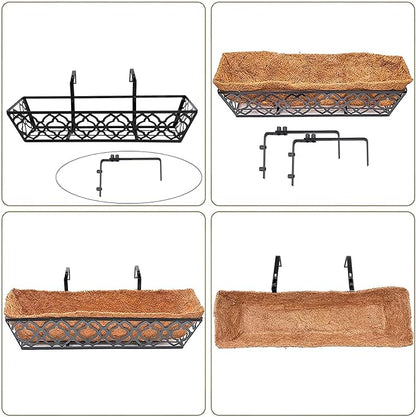 4pcs 24 Inch Window Deck with Coco Liner, 24" Window Boxes Horse Trough with Coconut Coir Liner, Metal Hanging Flower Planter Window Basket Deck Railing Planter Boxes for Outdoor Indoor Lawn
