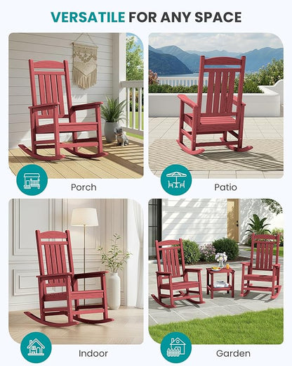 SERWALL Patio Rocking Chairs Set of 2, HDPE Outdoor Rockers for Adults, Oversized All-Weather Porch Rocking Chairs, Red