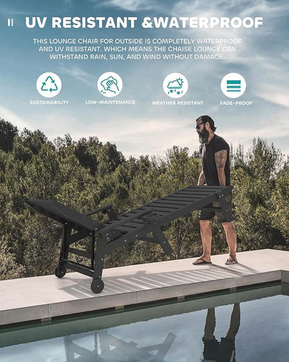 SERWALL Patio Chaise Lounge Chair Set of 2 with 9FT Patio Umbrella, 78'' HDPE Outdoor Lounger, Poly Lounge Chair with Rolling Wheels & Cup Holder for Pool,Obsidian Black (Umbreall Base not Included)