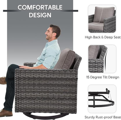 Belord Patio Furniture Set with Fire Pit Table: 9 Pieces Wicker Oversize Patio Conversation Set with Outdoor Swivel Glider Rocker Rattan Couch Ottomans, Anti-Rust Frame, Removable Cushion Grey