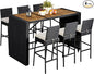 Yaheetech 7 Piece Patio Dining Set Outdoor Acacia Wood Bar Table and Chairs with Removable Cushions, Wicker Furniture Set for Deck, Backyard, Garden, Black/Beige