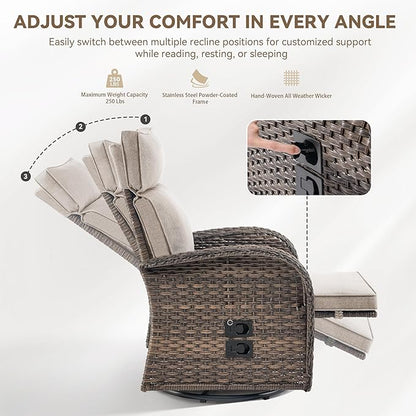 3 Pieces Zero Gravity Patio Swivel Rocking Recliner Chairs Set of 2 - Wicker Outdoor Lounge Chair with Side Table, Adjustable Backrest & Footrest, High Back Outdoor Recliner Chair for Pool Deck Beige