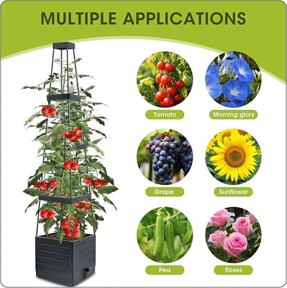 MQFORU Raised Garden Bed, 57" Tomato Planter with Trellis, Tomato Cages for Climbing Vegetables Plant, Self Watering Tomato Support Box for Garden Pots, Use for Patios Greenhouse Indoor Outdoor（1Pc）