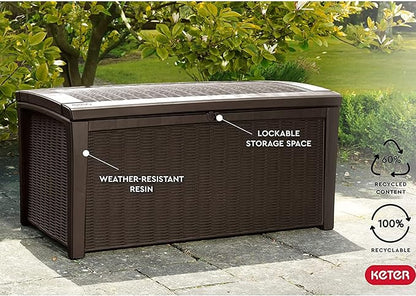 Keter Borneo 110 Gallon Resin Deck Box - Organization and Storage for Patio Furniture, Outdoor Cushions, Throw Pillows, Garden Tools and Pool Toys, Brown