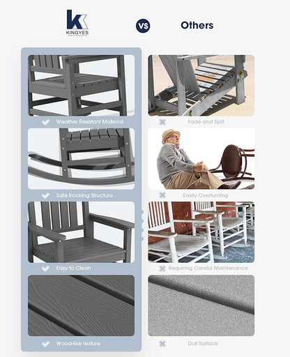 KINGYES Oversized Outdoor Rocking Chair Set of 4, High Density Polyethylene Patio Rocking Chairs with 330lbs Support for Adults, Gray