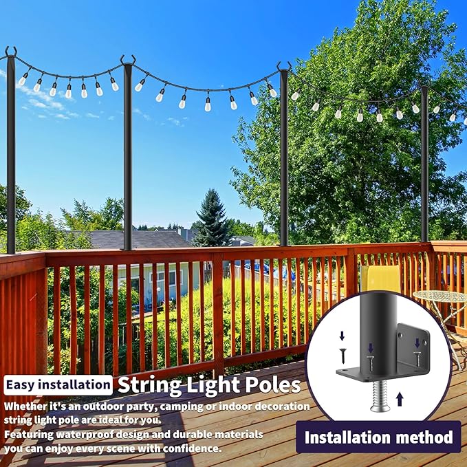 AILBTON 6 Pack 5Ft String Light Poles,Light Poles for Outside String Lights,Outdoor Light Poles with Fence Bracket,Metal Pole Stand for Patio,Backyard,Deck