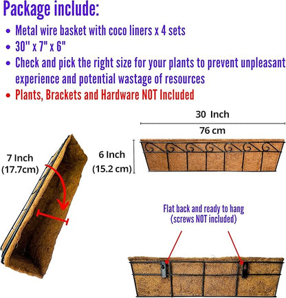 LaLaGreen Wall Mounted Planters - 30 Inch, 4 Pack Window Flower Boxes Basket Outdoor, Balcony Planter Over The Rail, Deck Railing Hanging with Coco Liners, Metal Horse Troughs Fence Patio Porch