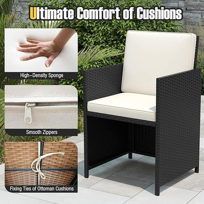 Tangkula 9 Piece Patio Dining Set, Rattan Chairs with Tempered Glass Table & Ottoman, Space Saving Wicker Sectional Conversation Set with Removable Cushions, Outdoor Furniture for Backyard Garden Deck