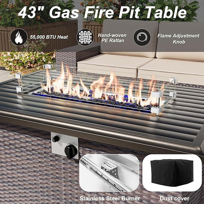 ALAULM 13 Pieces Outdoor Patio Furniture Set with Propane Fire Pit Table Outdoor Sectional Sofa Sets Patio Furniture 43" Gas Fire Pit Brown PE Rattan Patio Conversation Set w/10 Cushions (Grey)
