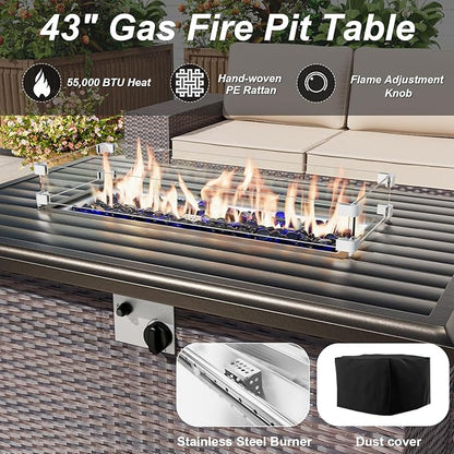 ALAULM Patio Furniture Set with Fire Pit Table 55000 BTU, Outdoor Sectional with Wide Seat and Thick Cushion, 15 Piece Wicker Rattan Conversation Set with Coffee Table for Garden, Deck, Turquoise