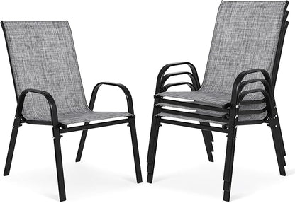 Outdoor Stackable Chairs Set of 4, Stacking Patio Chairs with Textilene Fabric, Outside Furniture for Garden Backyard Balconie Poolside Deck, Grey