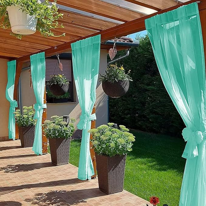 SpaceDresser Waterproof Outdoor Sheer Curtains for Patio - 2 Panels Rod Pocket Indoor Voile Sheer Curtain for Living Room,52W x 96L inch, Turquoise