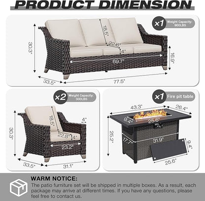Joyside Wicker Patio Furniture Sets, 4 Pieces Upgraded Large Size Outdoor Furniture with Patio Dining Chair, 3-Seat Sofa, Fire Table,Thick Cushions, Wide Armrest, Beige