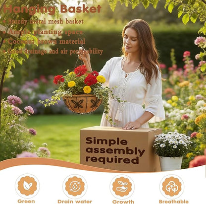 14 inch Metal Hanging Baskets For Plants Outdoor 4 Pack Round Metal Wire Hanging Basket Planter with Coco Fiber Liners Chain Round Wire Plant Holder for Garden, Patio, Deck, Porch Plants Flower Potss
