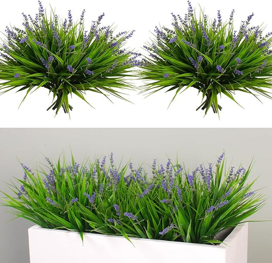 alyptus Artificial Flowers for Outdoors 24 Bundles Fake Monkey Grass Plants Outdoor Plastic Purple Flower Outside Green Leaf Decoration for Patio Pot Décor (24 Bundle Purple Flowers)