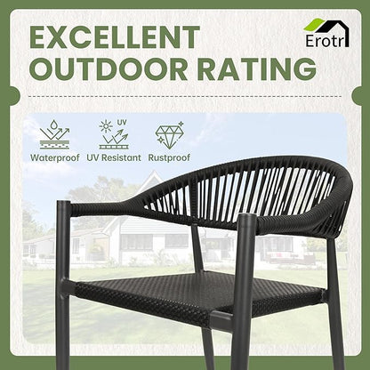 4 Pcs Stackable Patio Dining Chairs, Aluminum Rattan Outdoor Dining Chair with Arms, Woven Rope Garden Armchair Metal No Assembly for Bistro Balcony Porch Deck Yard Cafe Restaurant, Black