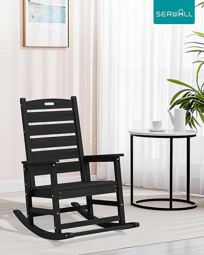 SERWALL Outdoor Rocking Chair Set of 2, Oversized Rocking Chair with Footboard for Adults, HDPE All Weather Resistant Rocking Chairs for Patio, 350lbs Weight Capacity, Black