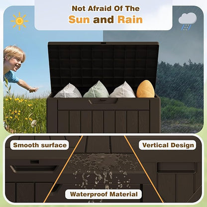 Flamaker Resin Deck Box 40 Gallon Waterproof Outdoor Indoor Storage Box Imitation Wood Resin for Patio Furniture Garden Tools and Pool (Deep Brown)