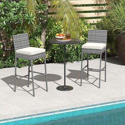 HAPPYGRILL Patio Wicker Barstools Set of 2, Outdoor Bar Height Chair w/Soft Seat Cushion & Cozy Footrest, Heavy-Duty Metal Frame, 400 lbs Max Load, Rattan Armless Bar Chairs