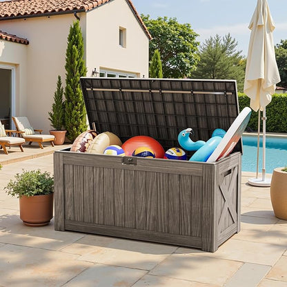 Greesum Outdoor Storage Box 120 Gallon Storage Bin with Lid for Patio Furniture, Garden Tools, Pool Supplies, Lockable, Waterproof and UV Resistant, Coffee