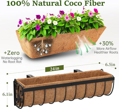 Railing Planter Boxes, 24 Inch Window Boxes Planters, Balcony Planters with Adjustable Brackets & Coco Liner & Support Rod for Outdoor Fence, Deck, Porch, and Patio Gardening, 3 Pack