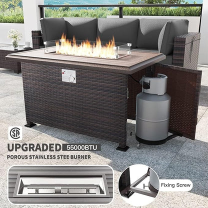 Kullavik 11 Pieces Outdoor Patio Furniture Set,PE Wicker Rattan Sectional Sofa Patio Conversation Sets with 43" 55000BTU Gas Propane Fire Pit Table,Swivel Rocking Chairs Set,Grey