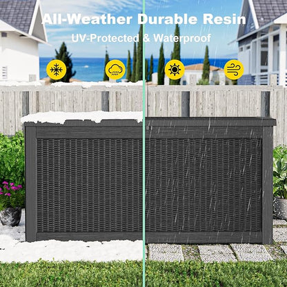 ROJIK Outdoor Storage Housing Deck Box,Waterproof Patio Furniture, Garden Tools, Cushions, Pool Accessories Storage Bench with Lockable Lid and Side Handles (Black,320 Gallon)