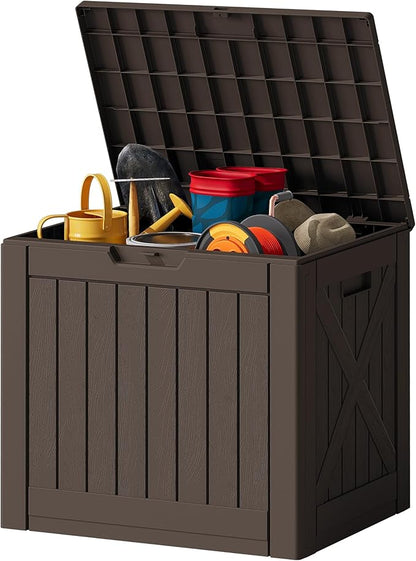 JUMMICO 42 Gallon Deck Box Waterproof, Resin Outdoor Storage Box with Side Handles, Outdoor Storage Benches Lockable for Patio Cushions and Garden Tools (Brown)