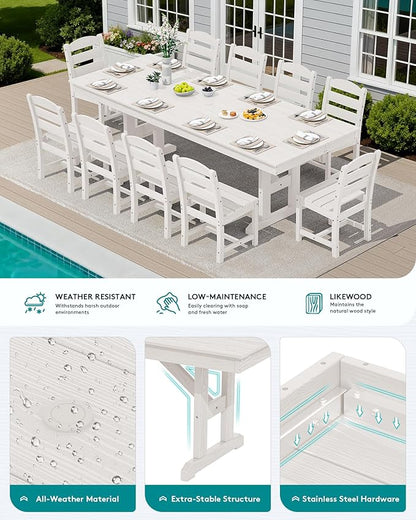 SERWALL Outdoor Dining Table, 84" Rectangular Dining Table for 6-10 Person, All Weather HDPE Outdoor Furniture for Backyard, Garden, White