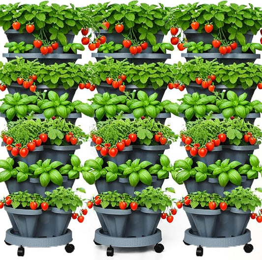 7 Tiered Strawberry Planters 3 Pack, Vertical Stackable Planter, Herb Stacking Tower Garden, Flower and Vegetable Planters with Support Pole Indoor & Outdoor with Removable Wheels Dark Grey