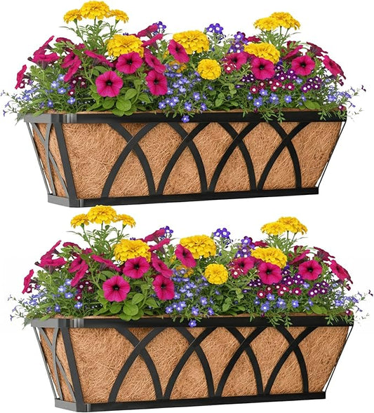 Window Deck Railing Planters Boxes with Coconut Liner, The Bottom Flat Window Boxes Planter Flower Boxes Metal Black Balcony Planters Railing Hanging for Outdoor Fence Porch Patio Lawn(2Pcs 24 Inch)