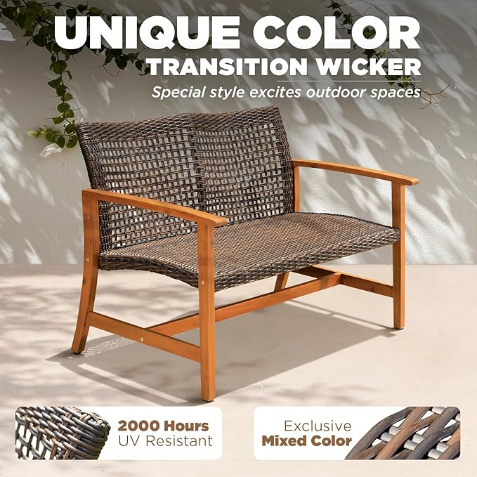 IDZO Harmonie 800lbs Capacity Outdoor Loveseat Furniture, FSC Certified Acacia Patio Sofa with Upgraded 2000 Hours UV Resistant Wicker, Teak Finish Porch Couch