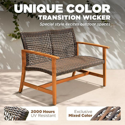 IDZO Harmonie 800lbs Capacity Outdoor Loveseat Furniture, FSC Certified Acacia Patio Sofa with Upgraded 2000 Hours UV Resistant Wicker, Teak Finish Porch Couch