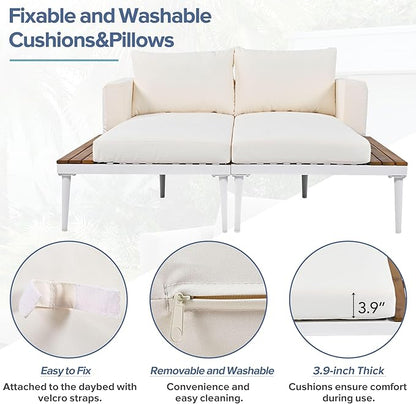 LUMISOL Outdoor Patio Daybed Metal Daybed with Cushions and Wood Topped Side Spaces for Drinks, 2 in 1 Padded Chaise Lounges for Poolside, Balcony, Deck, Beige