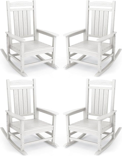 KINGYES Oversized Outdoor Rocking Chair Set of 4, High Density Polyethylene Patio Rocking Chairs with 330lbs Support for Adults, White