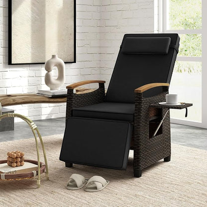 RELAX4LIFE Rattan Outdoor Recliner Chair - Wicker Chaise Lounge Chair w/Adjustable Back & Footrest, Acacia Wood Armrests, Flip Side Table, Cushion, Reclining Patio Chair for Pool Yard (1, Black)