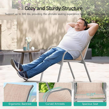 Patio Chairs Set of 6, Easily Set Up Stackable Outdoor Dining Chairs with High Back and Wide Seat, All Weather Breathable Outdoor Chairs Set of 6 with Metal Frame for Backyard Deck Pool, Beige