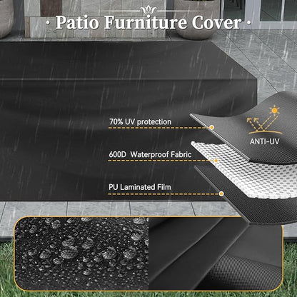 Aoxun 7 Piece Patio Furniture Set with Wide Armrests & 44” Fire Pit Table Wicker Rattan Outdoor Sectional Sofa Set with Coffee Table and Thickened Cushions, Gray/Blue(Waterproof Cover Included)