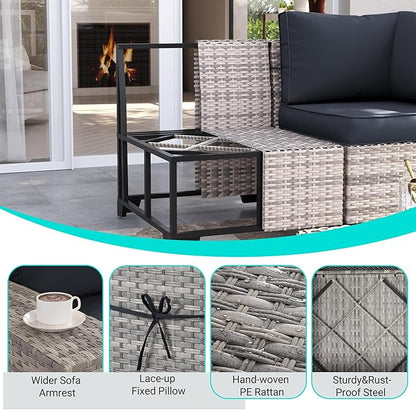 9-Piece Outdoor Patio Furniture Set with 55,000 BTU Fire Pit Table, PE Wicker Rattan Sectional Sofa Patio Conversation Set with Ottomans & Coffee Table, Dark Grey