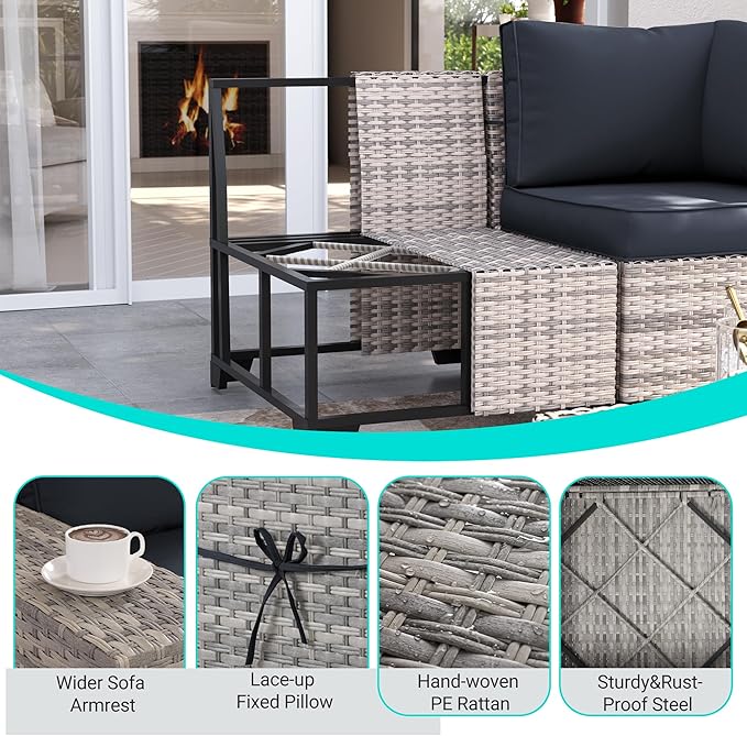15-Piece Outdoor Patio Furniture Set with Rocking Swivel Chair Wicker Sectional Sofa Set, Patio Conversation Set with Thickened Cushions & Coffee Table for Garden, Backyard, Dark Grey