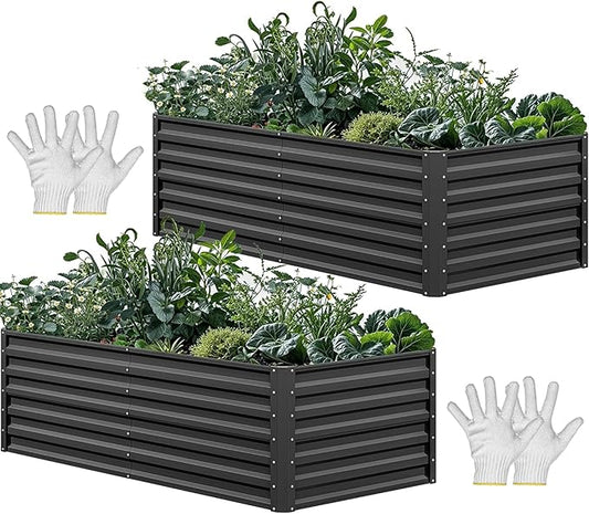 YITAHOME 6x3x2ft 2pcs Large Raised Garden Bed Kit, Galvanized Metal Planter Box with Gloves, Ground Nails, Support Rod, Outdoor Above Ground Planters for Plants Vegetables Flowers, Black
