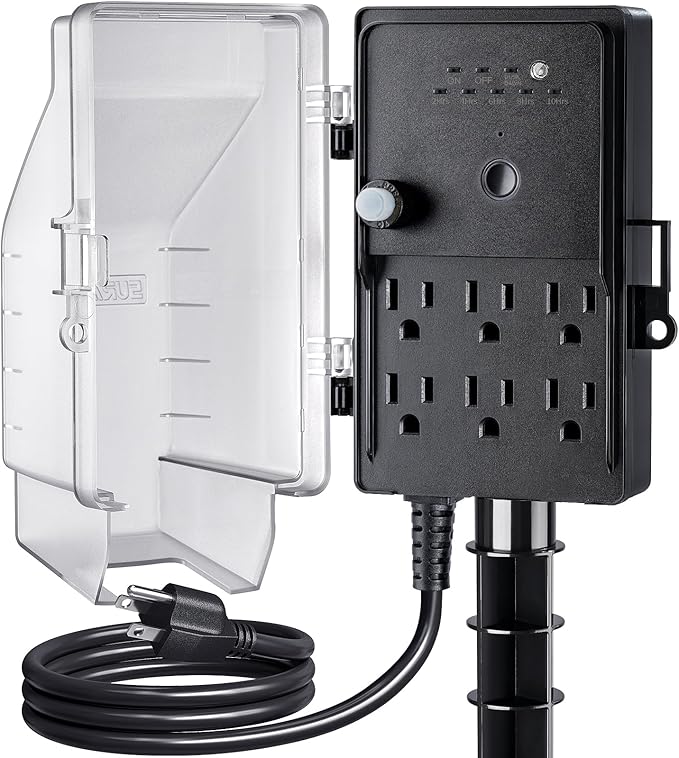 SURAIELEC Outdoor Power Stake Light Timer, Dusk to Dawn, 6 Electrical Outlet Power Strip Weatherproof, 6FT Extension Cord Multiple Outlet for Patio Lights, Sprinkler, Garden, Christmas Decorations