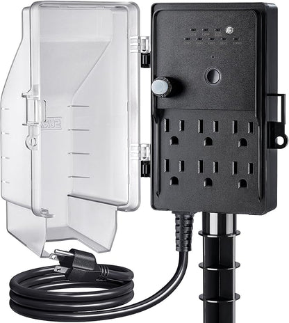 SURAIELEC Outdoor Power Stake Light Timer, Dusk to Dawn, 6 Electrical Outlet Power Strip Weatherproof, 6FT Extension Cord Multiple Outlet for Patio Lights, Sprinkler, Garden, Christmas Decorations