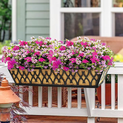 2 Pack 24 Inch Window Boxes Planters Railing Planter Box with Adjustable Brackets for Porch Fence Patio Balcony Hanging Flower Baskets with Coco Liners for Outdoor Garden Décor - Black
